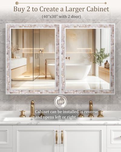 20"x26" Hand-Inlaid Natural Shell White Medicine Cabinet Mirror for Bathroom, Bedroom, Living Room, Entryway, Easy to Install Left or Right Opening Bathroom Wall Cabinet Recessed and Surface Mount - color: 20"x26"-white