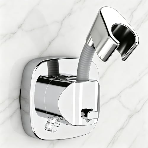 Suction Cup Shower Head Holder - Angle Adjustable Spring Arm, Flexible Wall Mount Shower Hose Holder, Removable Hand Held Shower Bracket with Vacuum Lock & Bonus Hook for Bathroom, Kitchen - color: Silver