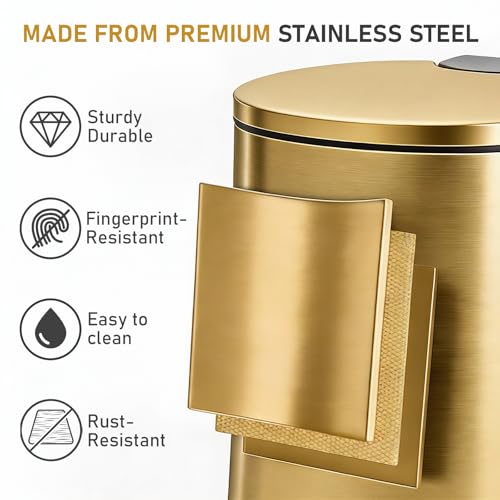 SIMPLYKLEEN Bathroom Trash Can with Lid - 2PC 1.3 Gallon/ 5L Oval Small Trash Can with Soft-Close Lid, Foot Pedal, Brushed Stainless Steel, Removable Liner, Garbage can for Kitchen, Office, Home Gold - color: Gold, size: 5L Oval 2PC