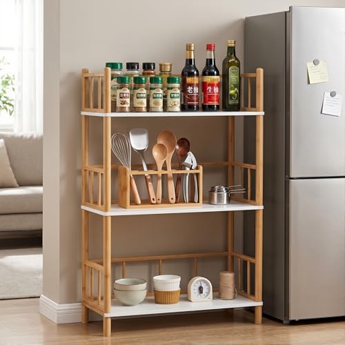 3-Tier Expandable Freestanding Open Bamboo Book Shelf - No-Tool Assembly & Modular,Bathroom Storage Shelf Unit Plant Stand for Small Space, Bedroom, Living Room, Home Office (White, 3-Tier WithRail) - color: White 3-tier-2