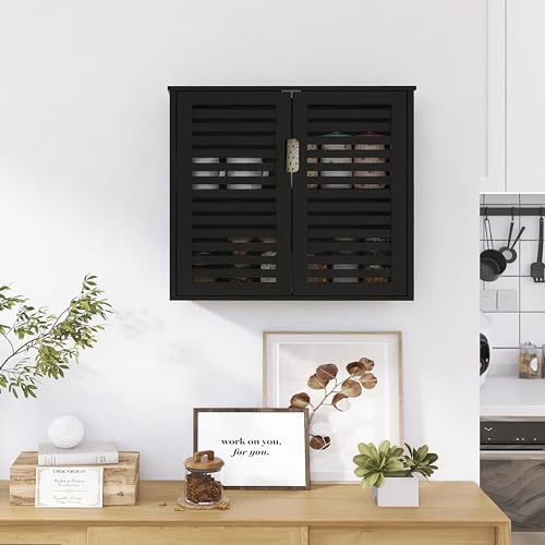 HITNET Black Bathroom Storage Cabinet, Hanging Medicine Cabinet with Adjustable Shelf, Bamboo Over the Toilet Wall Mounted Space Saver Organizer, Double Doors - color: Black