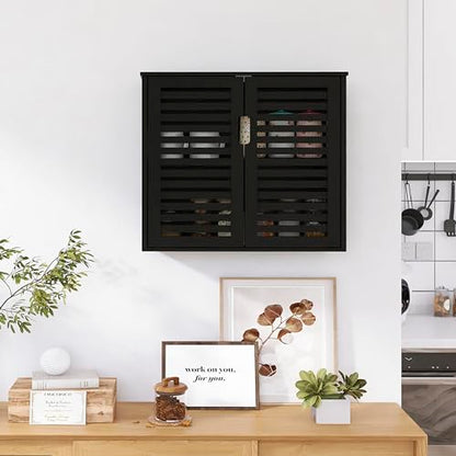HITNET Black Bathroom Storage Cabinet, Hanging Medicine Cabinet with Adjustable Shelf, Bamboo Over the Toilet Wall Mounted Space Saver Organizer, Double Doors - color: Black