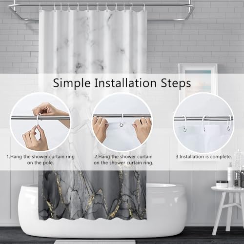 Gray Marble Stall Waterproof Shower Curtain 48x72 inches | RV Small Shower Curtain Set for Bathroom, Abstract Modern, Machine Washable, Easy to Install with Hooks, Ombre White Grey - color: Grey, size: 48"W x 72"L (Pack of 1)