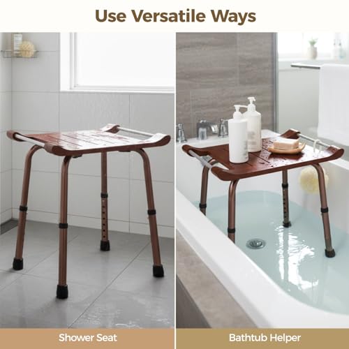 Teak Shower Bench with Handles, Waterproof Solid Wood Shower Stool, 7 Adjustable Shower Chair with Storage Towel Shelf & Drain Grooves, Easy Grip, Bathtub/Bathroom/Outdoor Use, 300 LBS