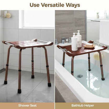 Teak Shower Bench with Handles, Waterproof Solid Wood Shower Stool, 7 Adjustable Shower Chair with Storage Towel Shelf & Drain Grooves, Easy Grip, Bathtub/Bathroom/Outdoor Use, 300 LBS