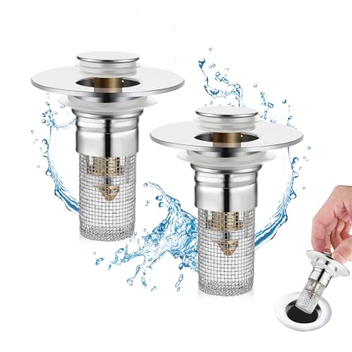 2 Pack Bathroom Sink Stopper for 1.06-1.50in (Silver) | Universal Drain Filter with Hair Strainer, Bathroom Sink Drain Pop Up Stopper for US Stainless Steel Floor Drain Filter
