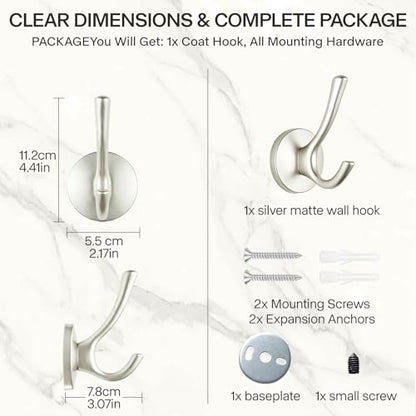 Matte Silver Towel Hooks 4 Pack, Heavy Duty Zinc Alloy Double Prong Coat Robe Hooks, Wall Mounted Towel Hooks for Bathroom, Kitchen, Closet, Garage, Entryway (195silver) - color: Brushed silver
