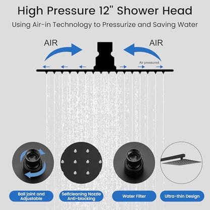 gotonovo Rainfall Shower System with Full Body Jets 4pcs Matte Black | 12’’ Rainfall Shower Head with Handheld Spray Combo,Wall Mount,Rough-in Valve and Trim Kit,Brass Body Message Jets,All Metal - color: Black