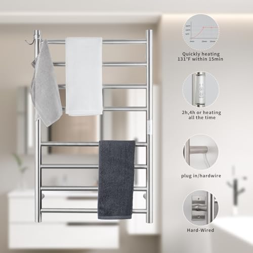 8-Bar Wall-Mounted Towel Warmer, Plug/Hardwired, 3 Timers | can be surface-mounted or flush-mounted, with wiring/cable exit available on either the right or left side,Brushed