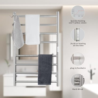 8-Bar Wall-Mounted Towel Warmer, Plug/Hardwired, 3 Timers | can be surface-mounted or flush-mounted, with wiring/cable exit available on either the right or left side,Brushed