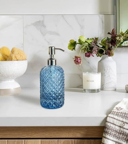 JASAI 18Oz Gem Patterned Glass Soap Dispenser for Kitchen and Bathroom | Refillable Hand soap Dispenser with Rust Proof Stainless Steel Pump, Clear Soap Dispenser Bathroom for Dish Soap, Hand Soap. - color: Navy Blue