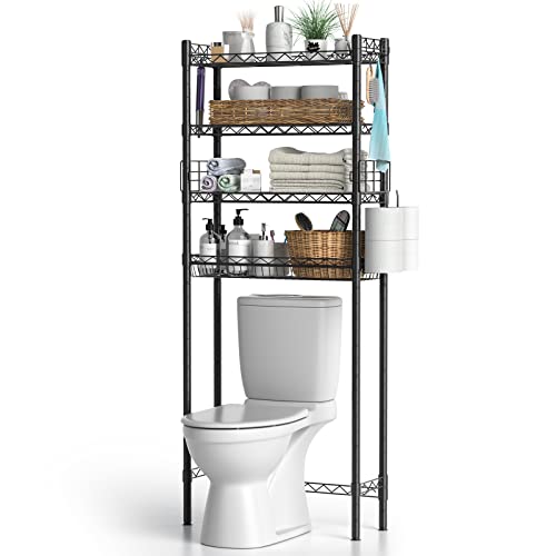 Hodonas Over Toilet Bathroom Organizer, Black, 26.97" x 9.84" x 67.32" | Carbon Steel, 4 Tiers, Adjustable, Freestanding, Sturdy and Stable, Easy to Assemble, Space Saver for Bathroom Storage - color: Black-4 Tier