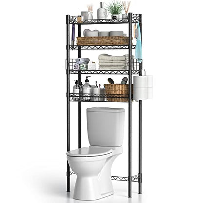 Hodonas Over Toilet Bathroom Organizer, Black, 26.97" x 9.84" x 67.32" | Carbon Steel, 4 Tiers, Adjustable, Freestanding, Sturdy and Stable, Easy to Assemble, Space Saver for Bathroom Storage - color: Black-4 Tier