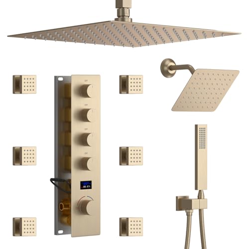 Brushed Gold Shower System Temperature Display Shower Faucet Set | 12 inch and 8 inch Full Body Shower Head, with 6 PCS Body Jet and Handheld Spray - color: Brushed Gold, size: 12+8 inch