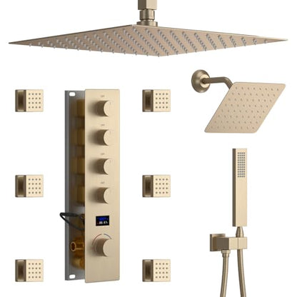 Brushed Gold Shower System Temperature Display Shower Faucet Set | 12 inch and 8 inch Full Body Shower Head, with 6 PCS Body Jet and Handheld Spray - color: Brushed Gold, size: 12+8 inch