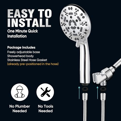 Cobbe 8-Setting Handheld Shower Head, Water-Saving Design, Chrome | Trickle Pause Mode, 5ft Stainless Steel Hose, Brass Swivel Bracket, Tool-Free Installation - color: Chrome