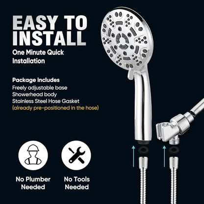 Cobbe 8-Setting Handheld Shower Head, Water-Saving Design, Chrome | Trickle Pause Mode, 5ft Stainless Steel Hose, Brass Swivel Bracket, Tool-Free Installation - color: Chrome