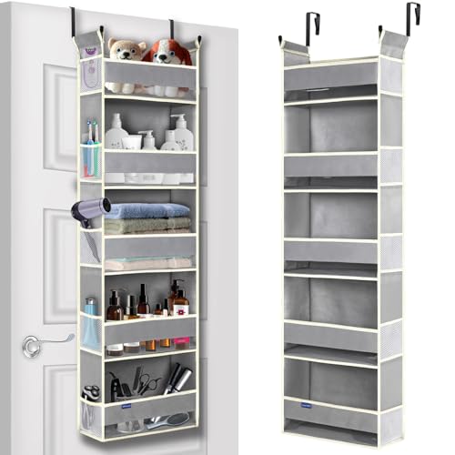 Over The Door Organizer 5-Shelves and 10 Side Pockets, Over The Door Storage for Bathroom Bedroom Nursery, Hanging Door Organizer for Baby Diapers and Kids Toys (13"x5"x44", Grey) - color: Gray, size: 5-shelf