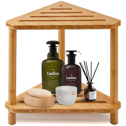 Corner Shower Stool for Inside Shower 2-Tier,Bamboo Shower Bench | Shower Caddy For Foot Rest with Storage,Bathroom Stool For Shaving Leg,Space Saving,Waterproof,Durable, Easy To Assemble - style: GU-QZST