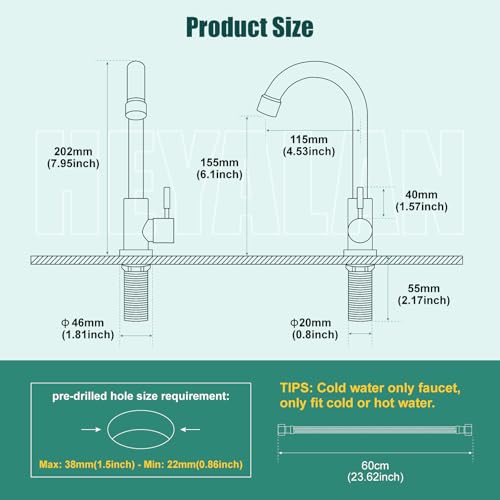 Heyalan SUS304 Cold Water Bar Sink Faucet, Single Handle, Brushed Nickel | SUS304 stainless steel, high-arc gooseneck, single-hole deck mount, 24-inch supply hose, 2.5-inch shank, 1.8 GPM - color: Brushed Nickel