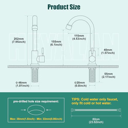Heyalan SUS304 Cold Water Bar Sink Faucet, Single Handle, Brushed Nickel | SUS304 stainless steel, high-arc gooseneck, single-hole deck mount, 24-inch supply hose, 2.5-inch shank, 1.8 GPM - color: Brushed Nickel