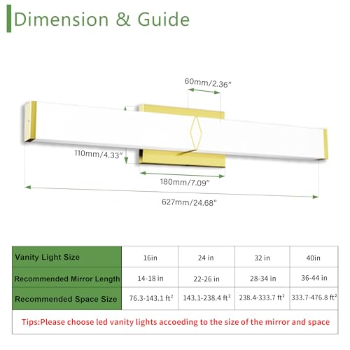 24 Inch Bathroom Vanity Light 2500LM, AC 120V 5CCT Modern Bathroom Lighting Fixtures Over Mirror Dimmable, 25W Gold LED Vanity Lighting Fixtures Wall Sconce ETL Certified, 1Pack - color: Gold-5CCT, size: 24 INCH