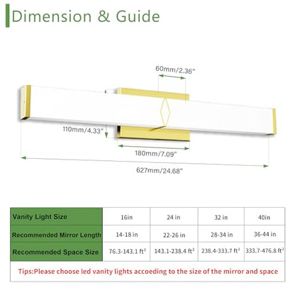 24 Inch Bathroom Vanity Light 2500LM, AC 120V 5CCT Modern Bathroom Lighting Fixtures Over Mirror Dimmable, 25W Gold LED Vanity Lighting Fixtures Wall Sconce ETL Certified, 1Pack - color: Gold-5CCT, size: 24 INCH