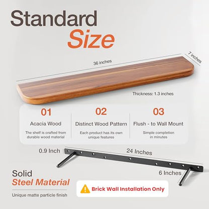 BATODA 36" Acacia Wood Floating Shelves Wall Mounted (Round Edge) – Rustic Farmhouse Wooden Wall Storage Shelf for Bedroom, Kitchen - Brackets and Shelving Hardware Included (Acacia,36 Inch Length) | Acacia Wood, Floating Effect, Hidden Brackets, Easy Ass
