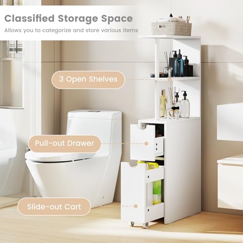 Giantex Slim Storage Cabinet, Narrow Freestanding Bathroom Organizer with Open Shelves, Pull-Out Drawer and Slide-Out Cart, Space-Saving Wooden Floor Cabinet for Entryway, Living Room and Kitchen