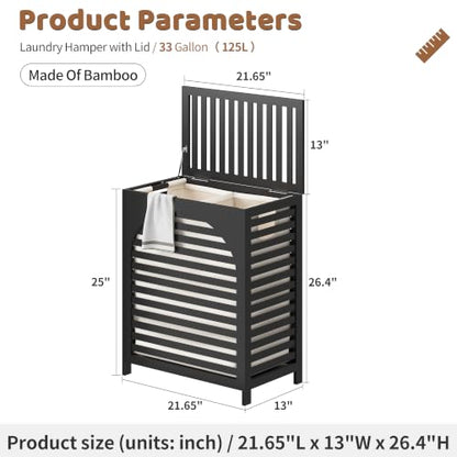 Laundry Hamper with Lid, Bamboo with Handles and Removable Liner Bag, 125L Laundry Basket for Bedroom, Bathroom & Laundry Room(Black) - color: Black