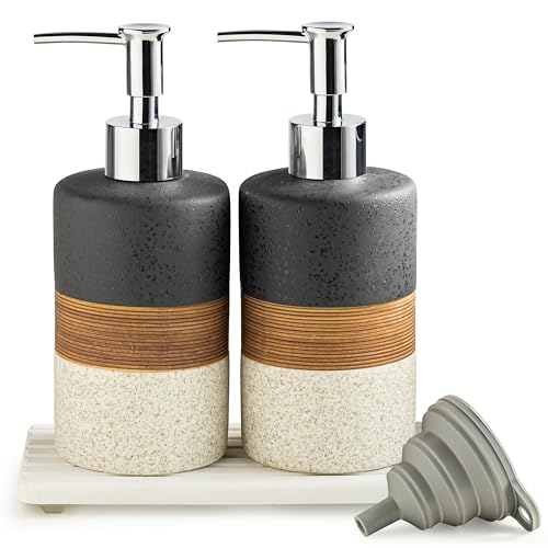 Ceramic Dish Soap Dispensers Set of 2 for Kitchen Sink and Bathroom | Hand Soap and Lotion Dispenser Set, Shampoo and Conditioner Bottles | with Stainless Steel Pump, Silicone Funnel, Tray, Black - color: Black and White, size: 2xSoap Dispenser Set with T