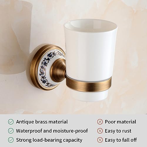 Antique Bronze Brass Toothbrush Holder Cup Holder with White Ceramic Tumbler, Wall Mounted Bathroom Hardware Accessories,Porcelain Design - color: Toothbrush Holder