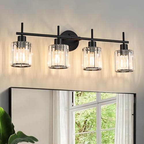 Black Bathroom Light Fixtures, Round, 4-Light | Vanity Lights with Crystal Shades, Modern Bathroom Lighting Fixtures over Mirror (Bulbs Not Included, E26) - color: Black (Round), size: 4-Light