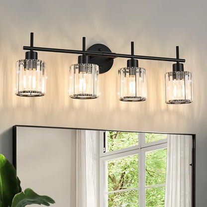 Black Bathroom Light Fixtures, Round, 4-Light | Vanity Lights with Crystal Shades, Modern Bathroom Lighting Fixtures over Mirror (Bulbs Not Included, E26) - color: Black (Round), size: 4-Light
