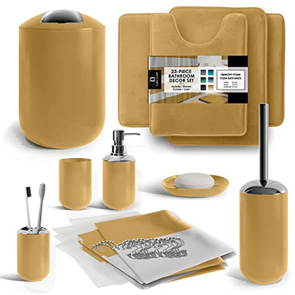 Clara Clark Bathroom Set – Bathroom Sets with Shower Curtain and Rugs, Soft Bathroom Rugs Non Slip, 23PC Gold Bathroom Accessories Set Complete with Bath Rugs, Shower Curtain Set with Liner and Hooks - color: Gold, size: Complete Set + Bath Rugs