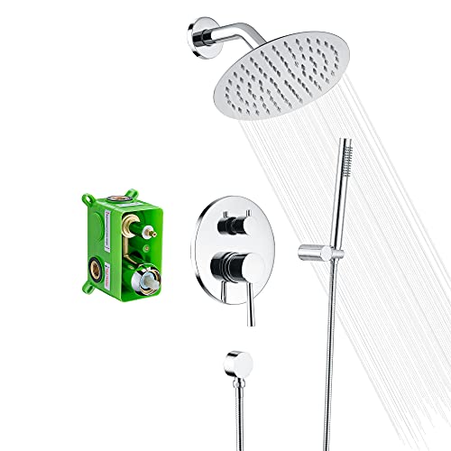 SUMERAIN Bathroom Rain Shower System with 8" Rain Shower Head | Wall Mounted, Brass Hand Shower, Rough in Valve Included, Concealed Box Design, Easy to Maintain and Install - color: Chrome, size: 2 Function