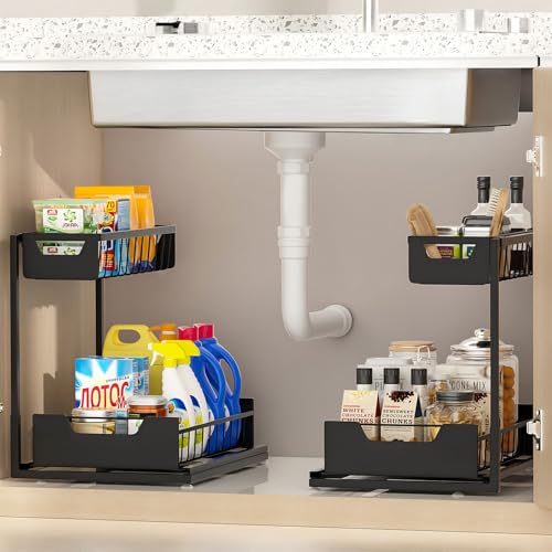 Ceetug Under Kitchen Sink Organizers and Storage, Black, 2 Pack | Slide Out Drawer, L-shape, 2 Tier, Cabinet Organizer for Kitchen Bathroom - color: Black, size: 2 Pack