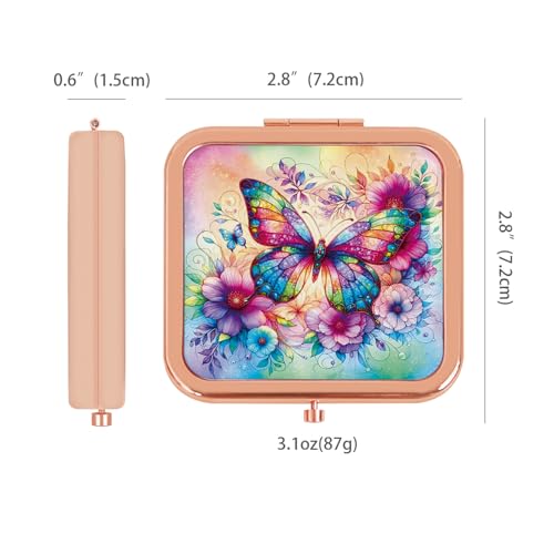 Compact Mirror, Handheld 2.8 inches Travel Makeup Mirror, 1X/2X Magnifying Square Pocket Makeup Mirror Rose Gold Butterfly - color: Rose Gold 11