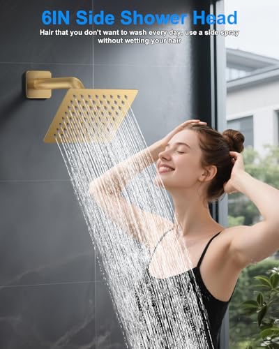 Shower System with Pressure Balance Valve, 12" Ceiling Mount Shower Faucet Set with 2 Rain Shower Head And Multi-function Handheld Head Push Button Diverter Pressure Balancing Valve Kit, Brushed Gold - color: Brushed Gold, style: 12"-Square-01