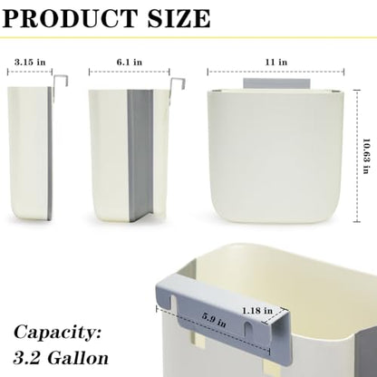 Soddeph 3.2Gal Collapsible Trash Bin with Lid | Hanging wall-mounted wastebasket for kitchen, under sink, RV. Collapsible, beige, space-saving