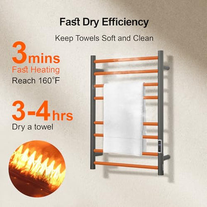 Electric Heated Towel Warmer - Wall Mounted Bathroom Towel Rack, Plug-in Design & Brushed Stainless Steel Finish 8 Bar Gunmetal with Timer & Temperature Control - color: Gunmetal With Timer 8 Bar Etw44-2, size: 8 Bar