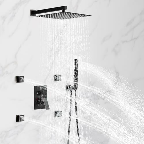 RUMOSE Rainfall Shower System with 4 Full Body Jet 4 Mode Shower Faucet Set | 12 Inch Rain Shower Head, 2 in 1 Handheld Spray, Oil Rubbed Bronze Brass Shower Jet Shower Fixtures, Wall Mounted - color: Oil Rubbed Bronze