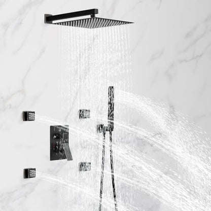 RUMOSE Rainfall Shower System with 4 Full Body Jet 4 Mode Shower Faucet Set | 12 Inch Rain Shower Head, 2 in 1 Handheld Spray, Oil Rubbed Bronze Brass Shower Jet Shower Fixtures, Wall Mounted - color: Oil Rubbed Bronze