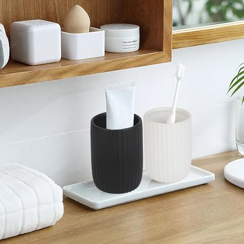 8 oz Toothbrush Holders for Bathroom, Ceramic Tooth Brushing Dispenser, Small Tooth Brush Organizer for Countertop, Toothpaste Storage Stand, Tumbler Storage Cup for Makeup Brushes -White