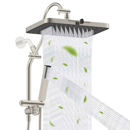 Hibbent 5-Mode 13" Rain Shower head, 4-Mode Handheld Shower, Brushed Nickel | cUPC Certified High Pressure Showerhead Combo, All Metal 4-way Diverter Extension Arm & Handheld Spray, 71'' Hose & Holder - color: Brushed Nickel, style: Square 13"