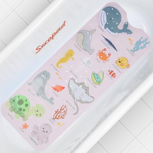Secopad Bathtub Mat Non Slip, Cute Tub Mat, 40" x 16", Pink Sea Animals | Rectangular, Anti-Slip, Machine Washable, with Drain Holes and Suction Cups,For Bathtub and Shower Floor, for Toddler & Kids - color: Pink Sea Animals