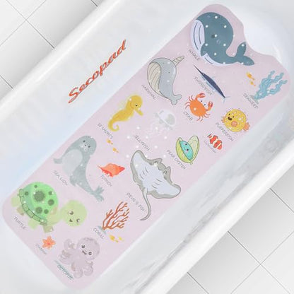 Secopad Bathtub Mat Non Slip, Cute Tub Mat, 40" x 16", Pink Sea Animals | Rectangular, Anti-Slip, Machine Washable, with Drain Holes and Suction Cups,For Bathtub and Shower Floor, for Toddler & Kids - color: Pink Sea Animals