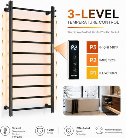 800mm Heated Towel Rack 8 Bar Wall Mounted Electric Towel Warmer Black - color: Black Anodized Finish, size: 8-Bar / 800 x 550 mm