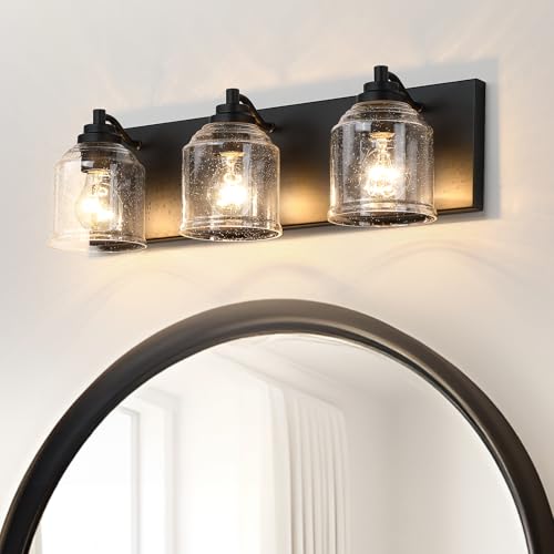 23" 3-Light Farmhouse Bathroom Vanity Light with Bubble Glass, Black | Farmhouse Rustic style, Matte Black Metal Base, E26 Ceramic Socket, UL&ETL Listed, Up&Down Mountable, Hardwired, over Mirror - color: Matte Black, size: 3-Light