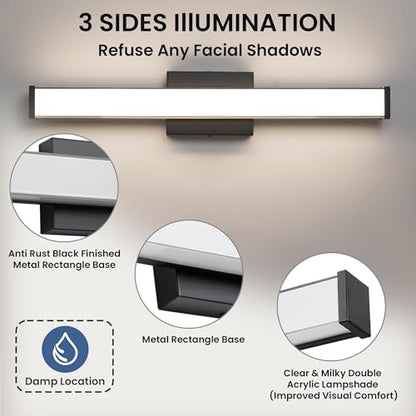 Modern LED Bathroom Vanity Light 24 inch 18W Dimmable 3CCT Bathroom Light Fixture Over Mirror Rectangle Bath Vanity Light Bar with Double Layer Acrylic Shade (Matte Black) - color: Black, size: 24 inch